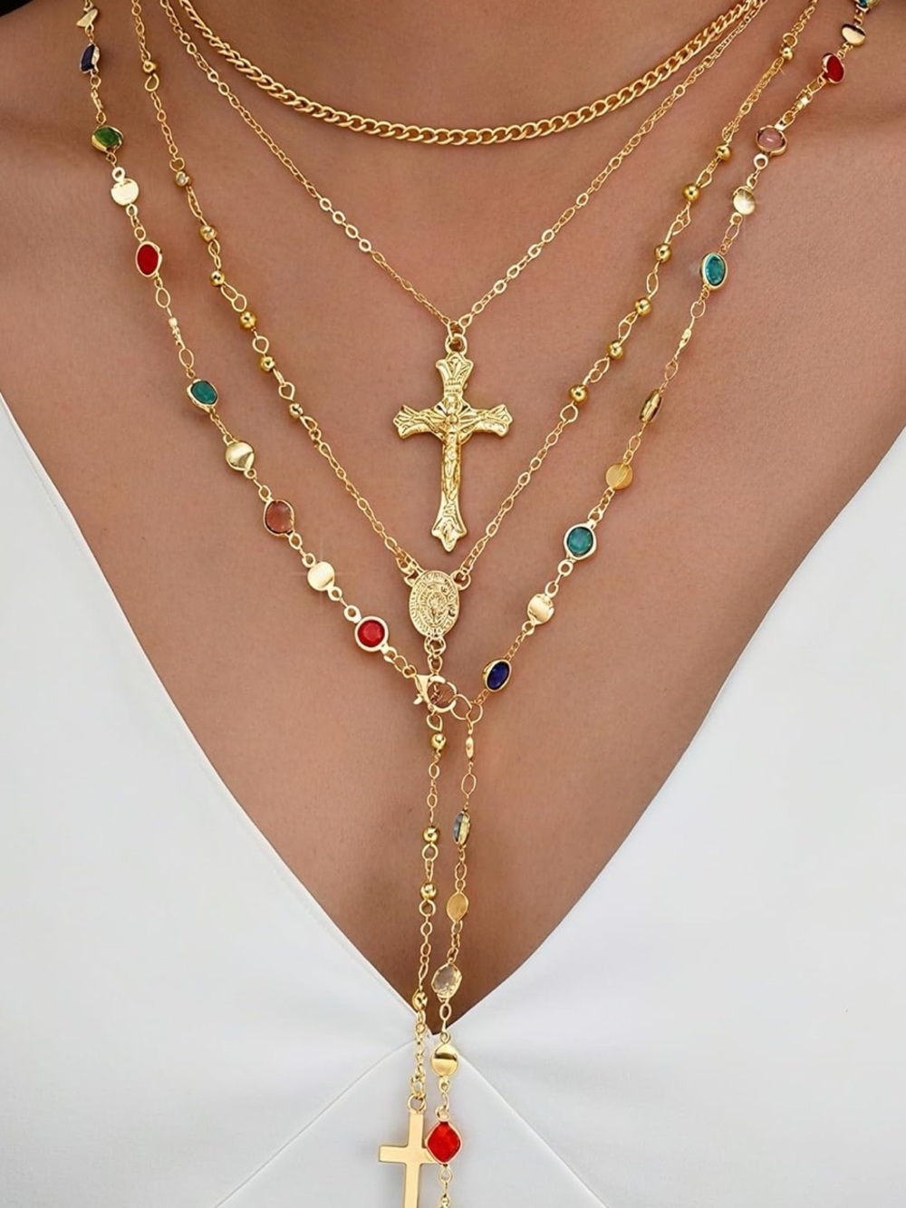 Anthropologie Gold Multi-Layer Cross Necklace with Jewel-Tone Beads